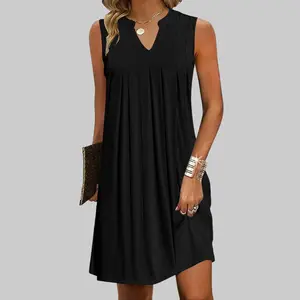 Women's Casual A-Line Dress with Pockets 2025 Sleeveless V Neck Pleated Sundress Loose T-Shirt Work Office Dresses