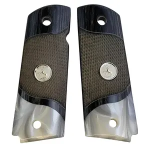 1911 Full Size Checkered Black Rosewood Grips w/Acrylic Pearl Accent and Silver Medallion with Rearing Horse