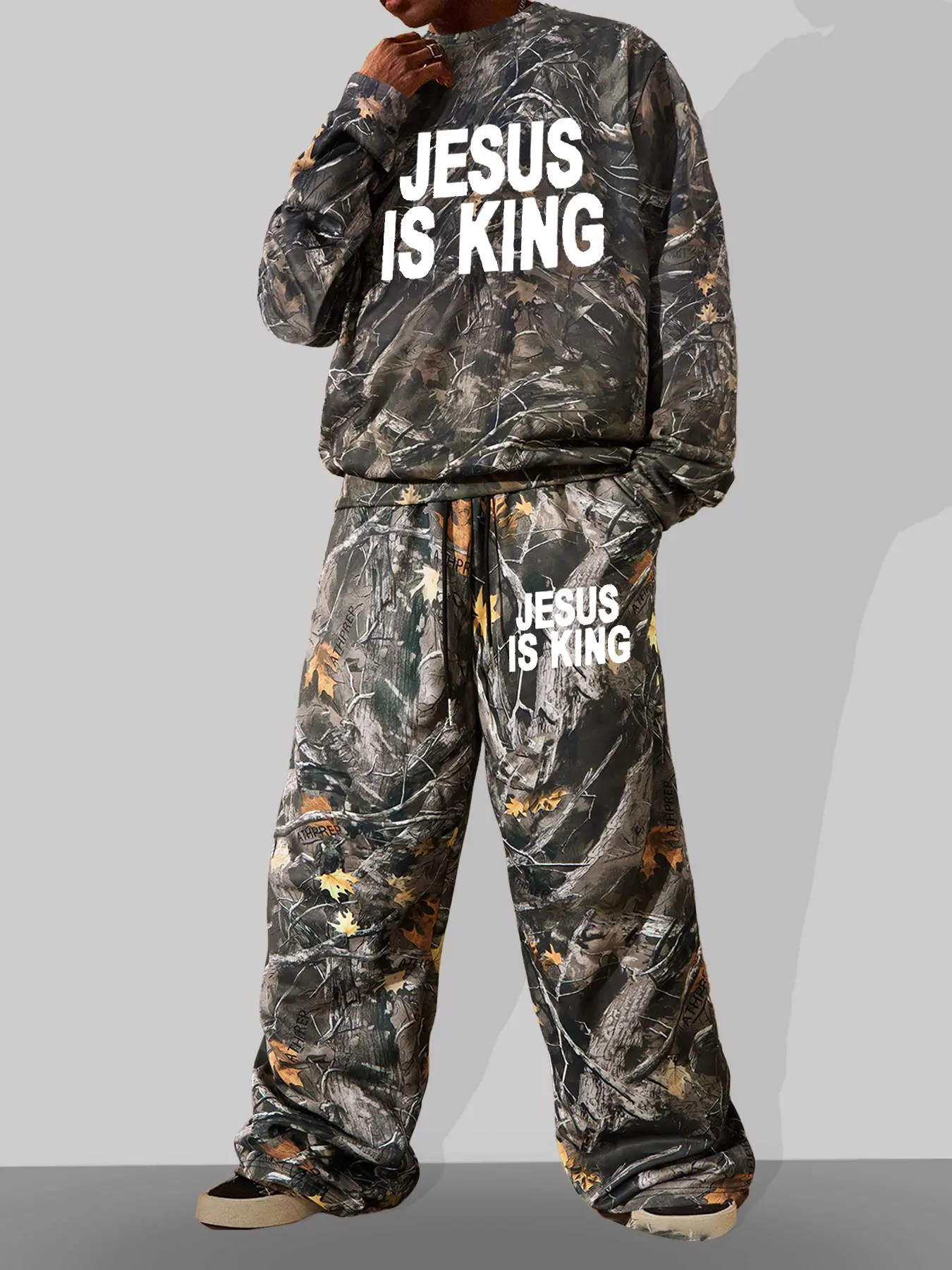 Men's Jesus Is King Two-Piece Set Outfit, Street Style Fitted Sweatshirt & Straight Leg Pants, Fall Winter Fashion, Casual Hip Hop, Matching Outfits Set