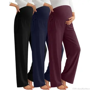 3 Pack Women's Maternity Pants Over The Belly Loose Pregnancy Pants Stretchy Lounge Wide Leg Trousers with PocketsC33FixEasyHardware