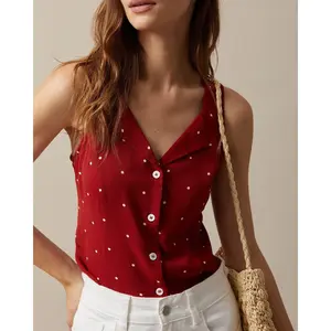 The Red V Neck Polka Dot Print Sleeveless Vest