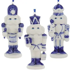 Porcelain Delft Blue Nutcracker Ornaments, 3 Assorted for Christmas