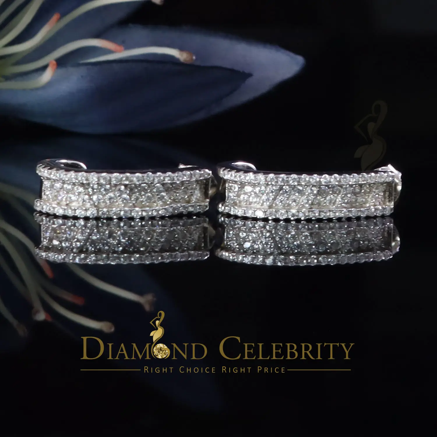 Diamond Celebrity’s 925 Sterling Silver Mens hip hop white Gold Iced 3 row Huggie Hoop earrings