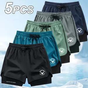 5PCS Men's 2-in-1 Running Shorts Quick Dry Breathable Active Shorts with Anti-Chafing Liner for Gym Jogging Sports