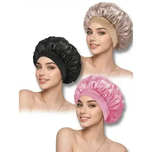 Silk Satin Hair Bonnet for Sleeping - 2 Pack Hair Wrap for Natural Curly Hair, Stay-on Soft Elastic Night Cap