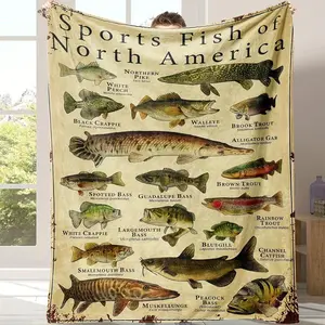 North American Sports Fish Pattern Flannel Blanket  Soft and Suitable for All Seasons Featuring 12 Bright Fish Illustrations Ideal for Camping and Travel - A Birthday, Thanksgiving, or Christmas Gift for Fishing Enthusiasts Camp Blanket Sofa Bedroom