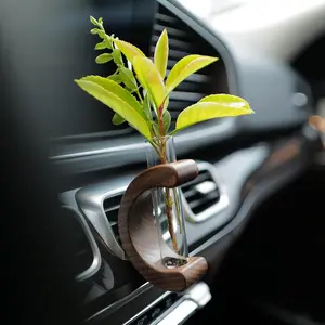 Tiny Plant Propagation Station for Car Vent, Test Tube Flower Vase with Retro Wood Stand, Girly Car Decor Accessories for Women
