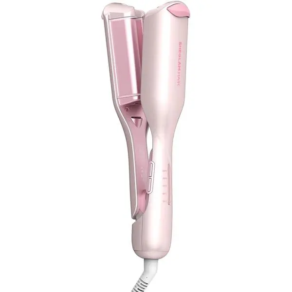SHEGLAM Pink Beach Wave Hair Waver 0.75 inch - Lightweight Dual Voltage Crimper for Women, Smart Timer Double Barrel Tool with Adjustable Temps & Anti-Scald for Mermaid Waves on Short Hair