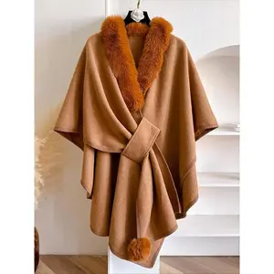 Women's Solid Color Poncho with Plush Trim, Casual Soft Warm Shawl for Fall & Winter, Fashion Accessories for Women & Girls