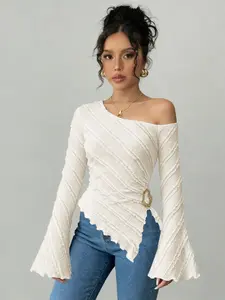 Women's Asymmetrical Backless Long Sleeve Ruched Waist Flare Sleeves T-Shirt Top, Commuter Chic, Spring Fashion Clothing