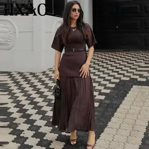 HXAO Womens Dresses Brown Pleated Dress Summer 2025 Elegant Knitted Short Sleeve Vestidos Chic Patchwork O-Neck Vacation Dresses