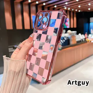 Four Corner Anti-Fall Pink checkered Pattern Phone Case for iPhone 16 Pro Max 15 Plus 14 13 12 11 E Shockproof Transparent Electroplated Protective Cover
