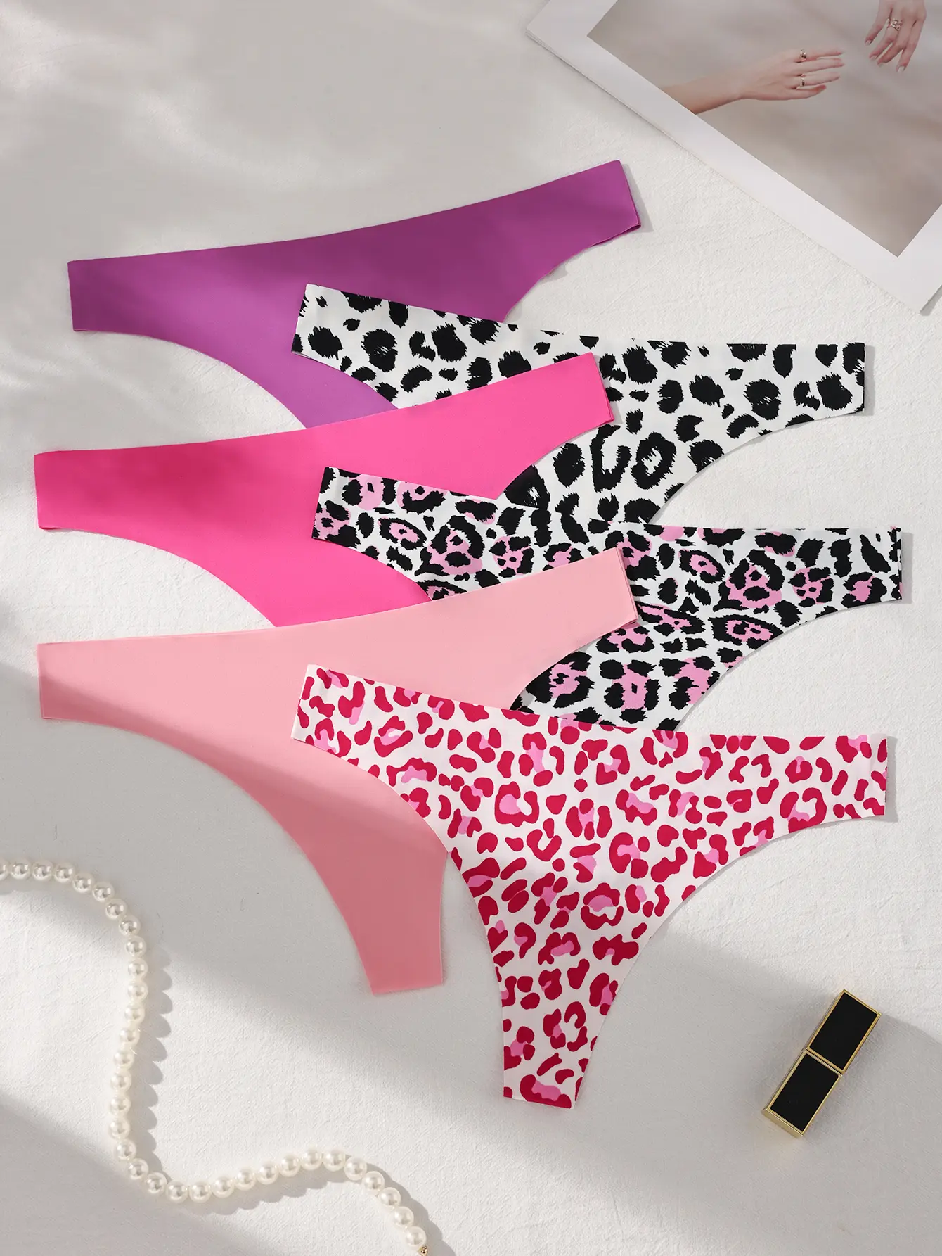 Hotcom Women's 6-Piece Polyamide Panties - Soft, Breathable, Seamless Drop Waist Thongs with Scallop Trim, Solid & Leopard Mixed Color, Plus Size Lingerie for Daily, Easter & Children's Day All-Season Wear, Pieces, Comfortable