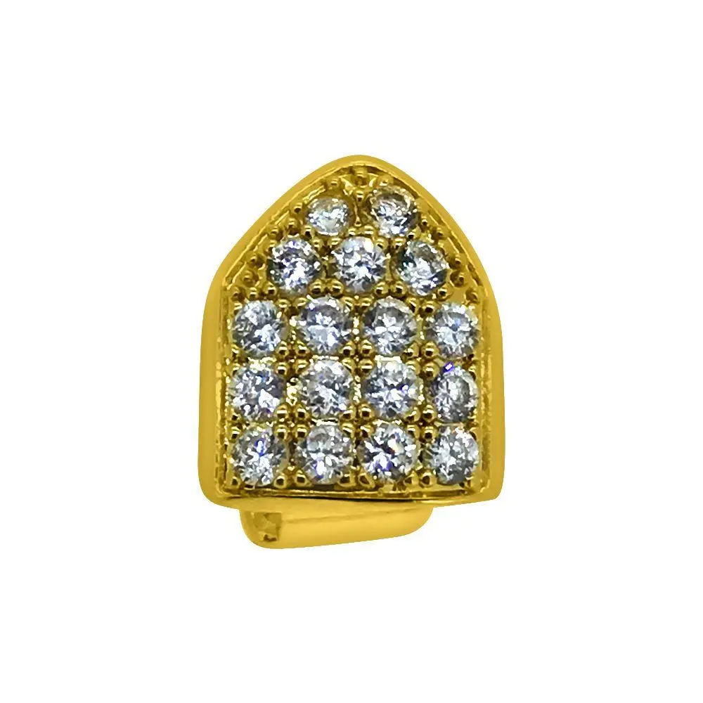Gold Full Bling CZ Single Tooth Grillz Top, Silicone Teeth-Shaped Piercing Jewelry, Single Costume Body Accessory, Entertainment, Brass, Custom Fitting, Solid Brass Core, Removable Fit, Hip Hop Look, Artificial Zircon, Silicone Mold, Cz Diamonds