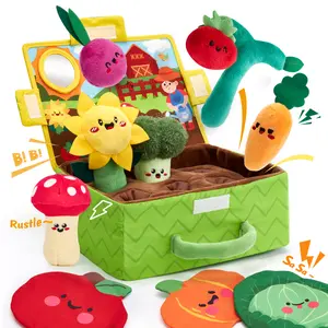 hahaland My First Garden Stuffed Toys Set-Fruits Vegetables Garden Plant Plush-Sensory for Babies 6-12 Months,Montessori Sensory Toy Carrot Flower with Rattles Mirror Squeaker Textures Crinkle Tissues, Baby Gifts,Summervibes Cute Playpen