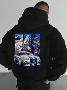 Men's Car & Letter Print Drop Shoulder Thermal Lined  Hoodie, Fashion Casual Regular Fit Drawstring Pocket Hooded Sweatshirt for Daily Holiday Outdoor Wear, Men Clothes for Fall & Winter