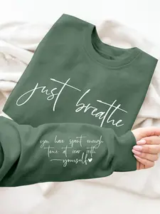 Women's Letter Print Round Neck Sweatshirt, Casual Long Sleeve Crew Neck Longsleeves Pullover for Spring & Fall, Fashion Women's Crewneck Top for Daily Wear, Casual Comfy Pullover Tops