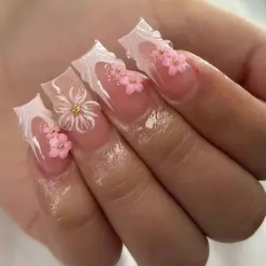 24pcs Square French 3D Gel Nail Art Set, Glossy Finish, Medium Length, Easy Wear Stylish Acrylic Nails for Women & Girls
