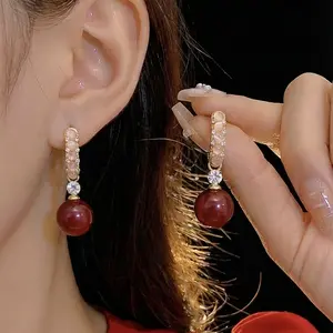 Gold-Tone Vintage DDES0034 Red Bead & Pink Shell Diamond Hoop Earrings