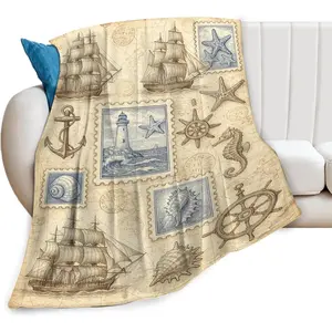 Nautical Blanket Navigation Sailboat Throw Blanket Soft Warm Cozy Flannel Fuzzy Plush Vintage Nautical Flannel Blankets Gifts for Girls Women Boys Kids Adults