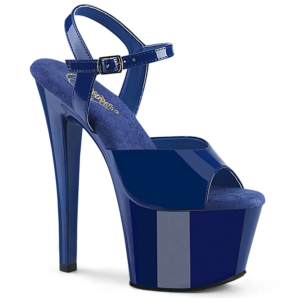 Pleaser Sky-309 Women's Peep Toe Ankle Strap Sandal in Synthetic Royal Blue Patent with a 7" Platform Heel, High Wedge Heels, Wedge Sandals, Heels Shoes For Women