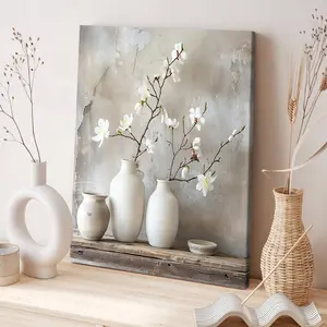 Wooden Framed Canvas Painting, Retro Porcelain Vase Floral Pattern Wall Art, Modern Art for Home Living Room Bedroom Decoration, Ornaments, Modern Floral Paintings, Home Decor Accessory