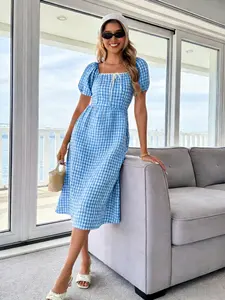 Spicy Coquette Yellow & White Gingham Square Neck Puff Sleeve Tie-Front Backless Waist-Cinched Flowy Midi Dress Vintage French Yellow & White Gingham Square Neck Puff Sleeve Tie-Front Backless Waist-Cinched Cottagecore Casual Boho Chic Midi Dress