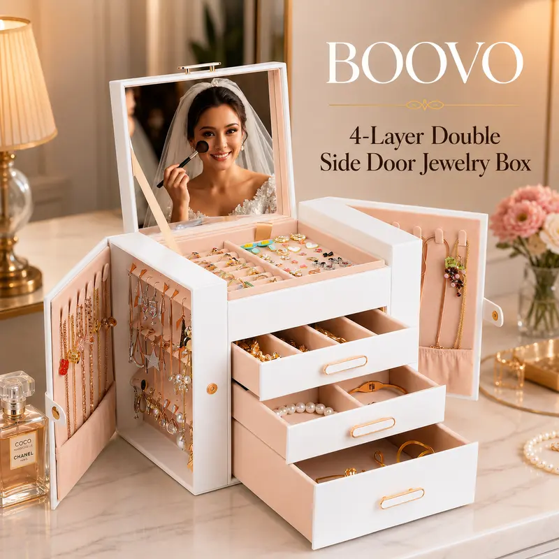 BOOVO Women's 4-Layer Box-Style All Purpose Chic Jewelry Storage Box with Built-In Vanity Mirror, 2 Doors for Necklaces, 2 Compartments for Earrings, Light Luxury Gift (White), Built-In Vanity Mirror Jewelry Boxes & Organizers