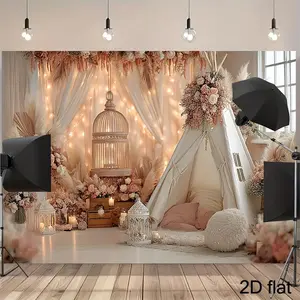 1pc Bohemian Backdrop White Teepee Pampas Grass Pink Roses Garland Birdcage String Lights Pastel Neutral Wedding Shower Party Decor Fairy Tale Tent Background Room