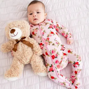 Bestaroo Rosebud Babe Bamboo Baby Footie Pajamas with Dual 2-Way Zipper, Mittens & Foot Grips, Soft Snug Fit for Newborn to Toddler Sizes