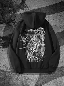 Men's Original Gothic Dark Style Anime Print Fitted Knit Hoodie, Casual Fashion Streetwear Zip-Up Hooded Sweatshirt for Fall & Winter