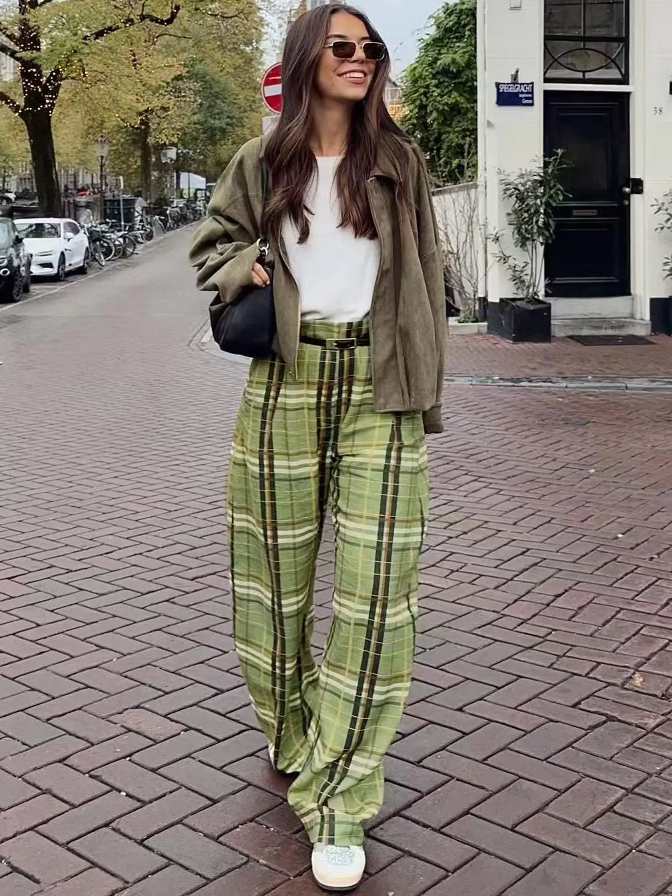 Plaid Wide Leg Women's Pants, Casual Fashion Bottoms, Autumn Spring Baggy Mid Waist Trousers Casual Trousers Office Wear Women's Casual Long Pants Weekend Outings Belted Trousers