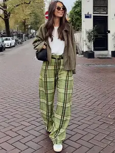 Plaid Wide Leg Pants Women's Pants Autumn Spring Elegant Baggy Mid Waist Trousers Casual Fitted Trousers Office Wear Women Casual Comfort Long Pants For Woman Fashion Weekend Outings Pants Casual Chic Trousers