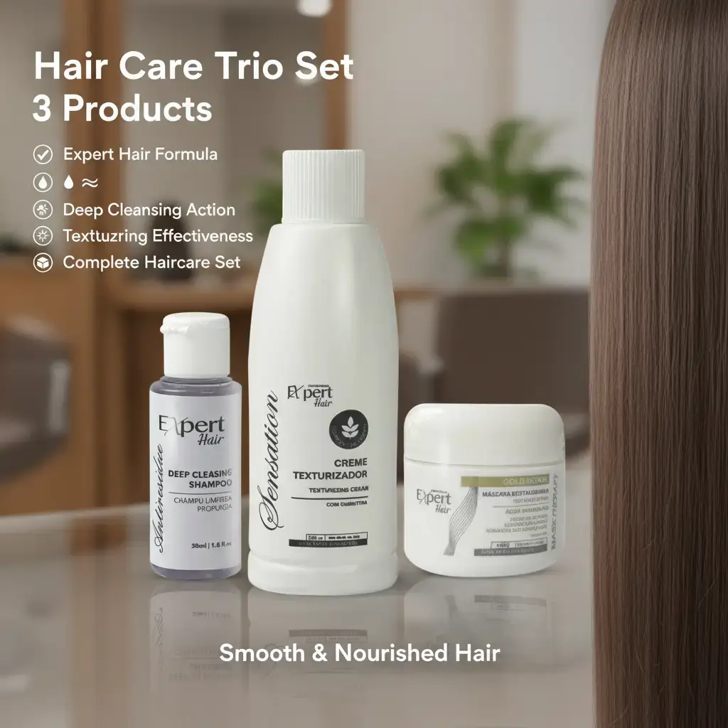 Expert Hair 3-in-1 Cleansing Hydrating Anti-Frizz Haircare Try-It Starter Kit | 30ml Soothed Scalp Cleanser Shampoo, 100ml Frizz-Taming Smooth Texturizing Cream, 50g Deep Repair Keratin Gold Mask Trial Set