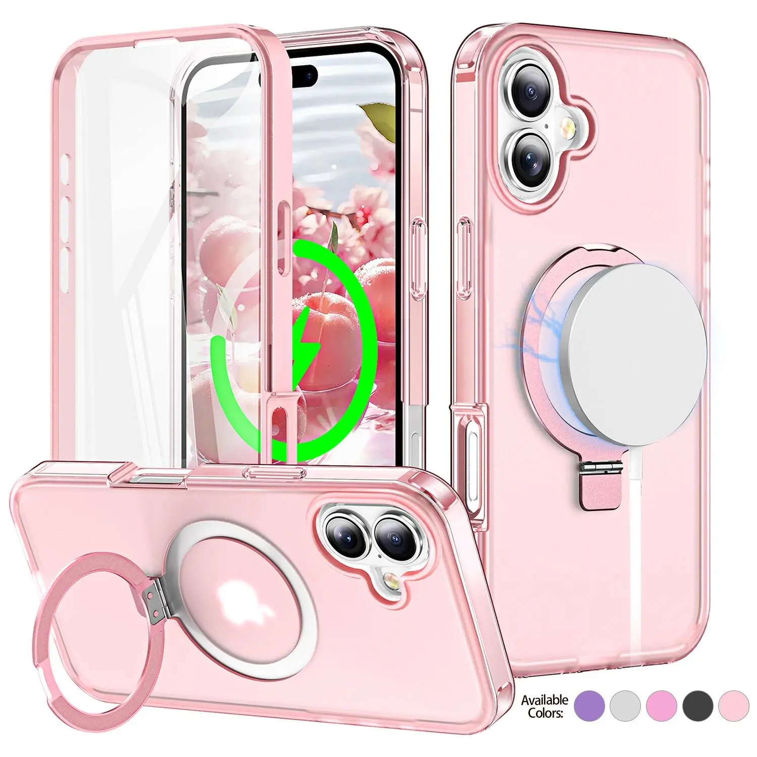 Magnetic Protective Cellphone Cover with Aluminium Ring Stand for iPhone 17 ProMax,16,15,14 - Slim Translucent Matte Back Shockproof Phone Accessory, Pink Wireless Case,back to school,back to school haul