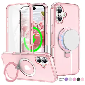 Magnetic for iPhone 16 15 14 Case with Ring Stand, Slim Translucent Matte Back Shockproof Phone Case for iPhone 16, Pink Wireless Cover