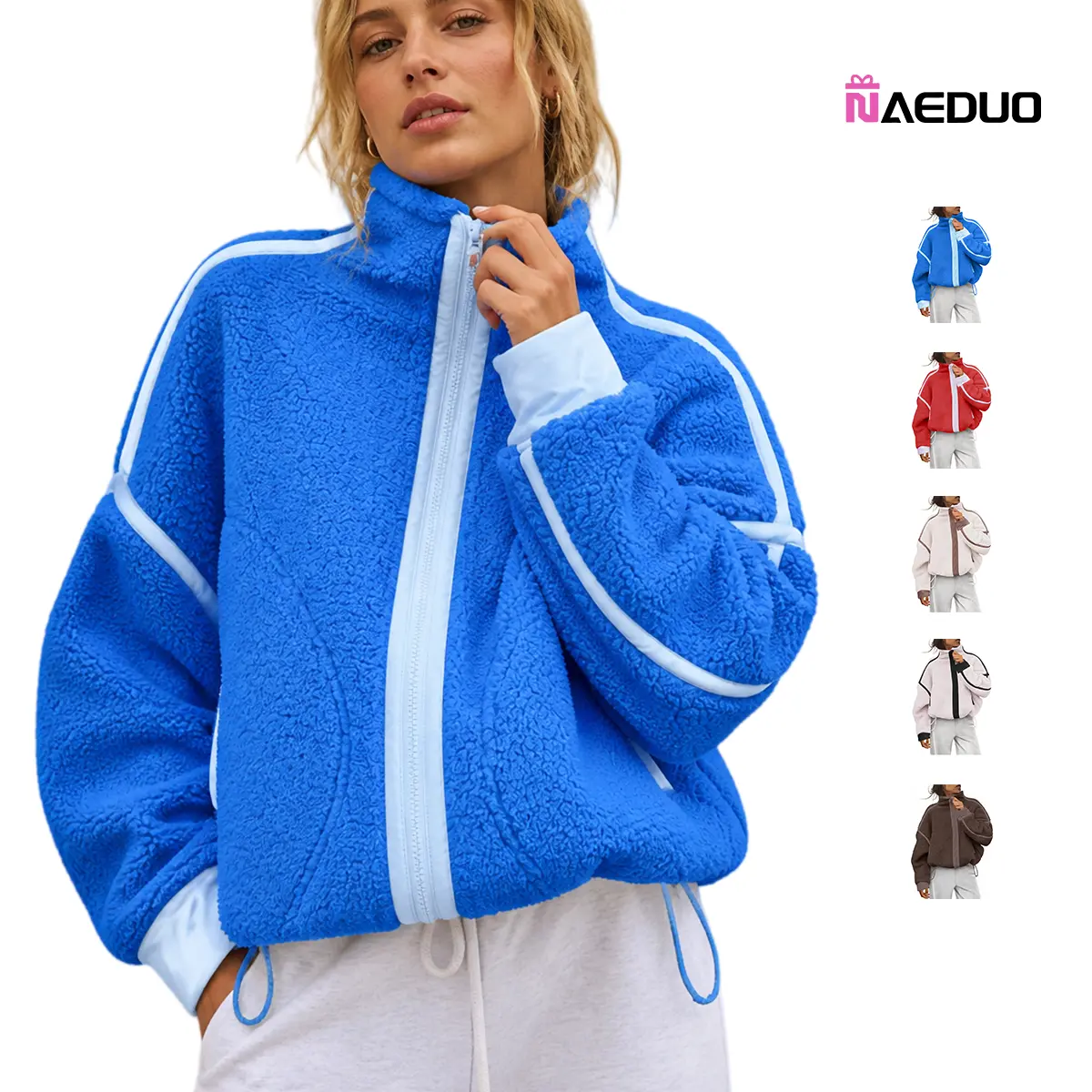 Naeduo Women's Basic Long Sleeve High Neck Fuzzy Sherpa Zip-Up Jacket, Short Cropped Teddy Fleece Coat with Contrast Piping & Pockets, Retro Athletic Winter Outerwear for Casual Travel