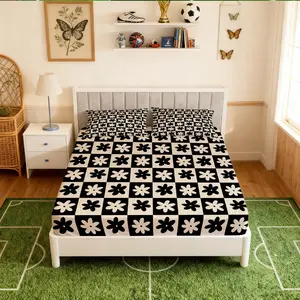 Checkerboard Floral Print Fitted Sheet Set, 3 Pieces (1 Fitted Sheet + 2 Pillowcases, No Pillow Insert), Retro Boho Style Bedding, Breathable Deep Pocket Design, Ideal for Teens & Adults Bedroom Decor, Perfect Holiday & Souvenir Gift for Girls