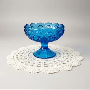 Vintage LE Smith Moon and Stars Colonial Blue Glass Footed Compote Candy Bowl MCM