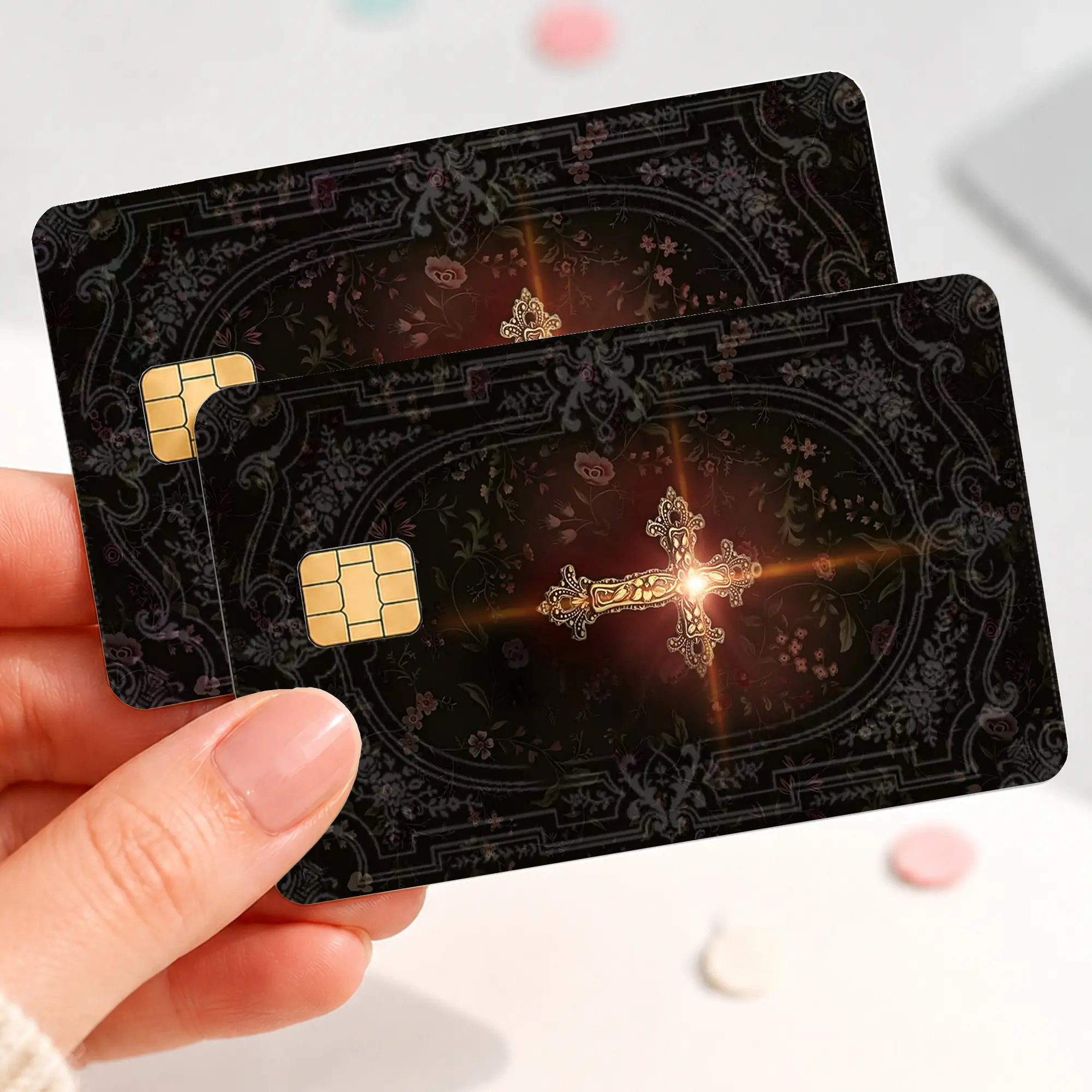Glowing Gold Cross Credit Card Skin Sticker, Gothic Floral Christian Debit Card Cover, Black Baroque Religious Bank Card Decal, Dark Faith Card Wrap Gift