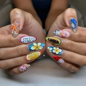 Tropical Fruit 3D Press On Nails | Summer Ocean Floral Design | Colorful Statement Set