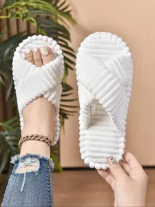 Women's Plush Slippers Thick Sole Cross Strap Design Comfortable Warm Indoor Outdoor Casual Shoes for Ladies