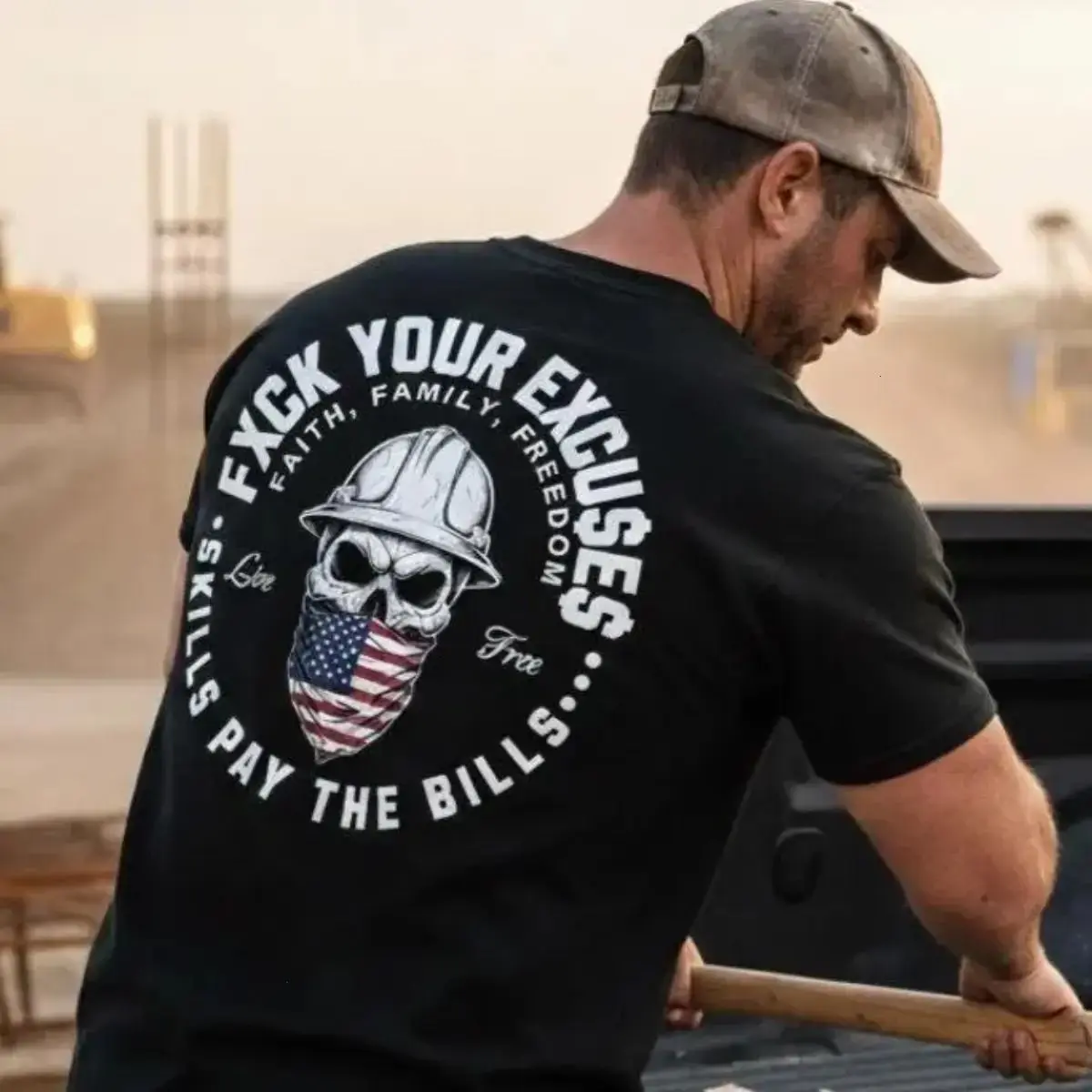 F*ck Your Excuses Skills Pay The Bills Blue Collar Worker T-Shirt, Hard Hat Skull American Flag Graphic Tee for Men by Kaylan Eppes, USA-Made