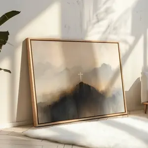 Christian Cross Mountain Canvas Wall Art – Minimalist Faith Landscape Poster, Neutral Modern Home Decor ( No Frame )