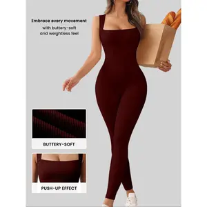 Women's Solid Square Neck Sports Jumpsuit, Solid Color Jumpsuit, Casual Comfy Sleeveless Jumpsuit for Yoga Gym Workout, Ladies Sportswear for All Seasons