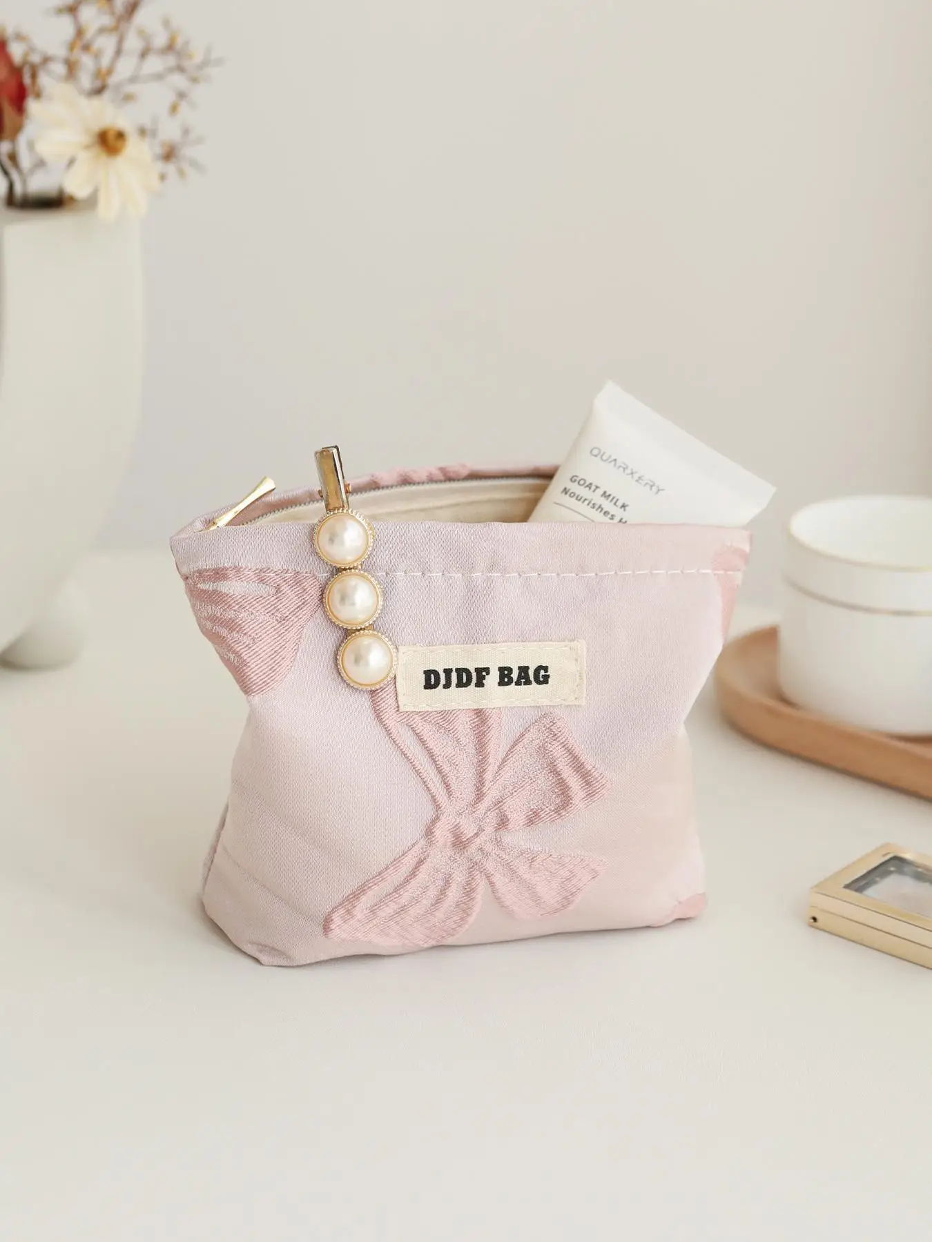 Bow Decor Makeup Bag, Large Capacity Cosmetic Storage Bag, Portable Travel Makeup Organizer Pouch, Zipper Makeup Organizer Pouch, Makeup Storage Bag,