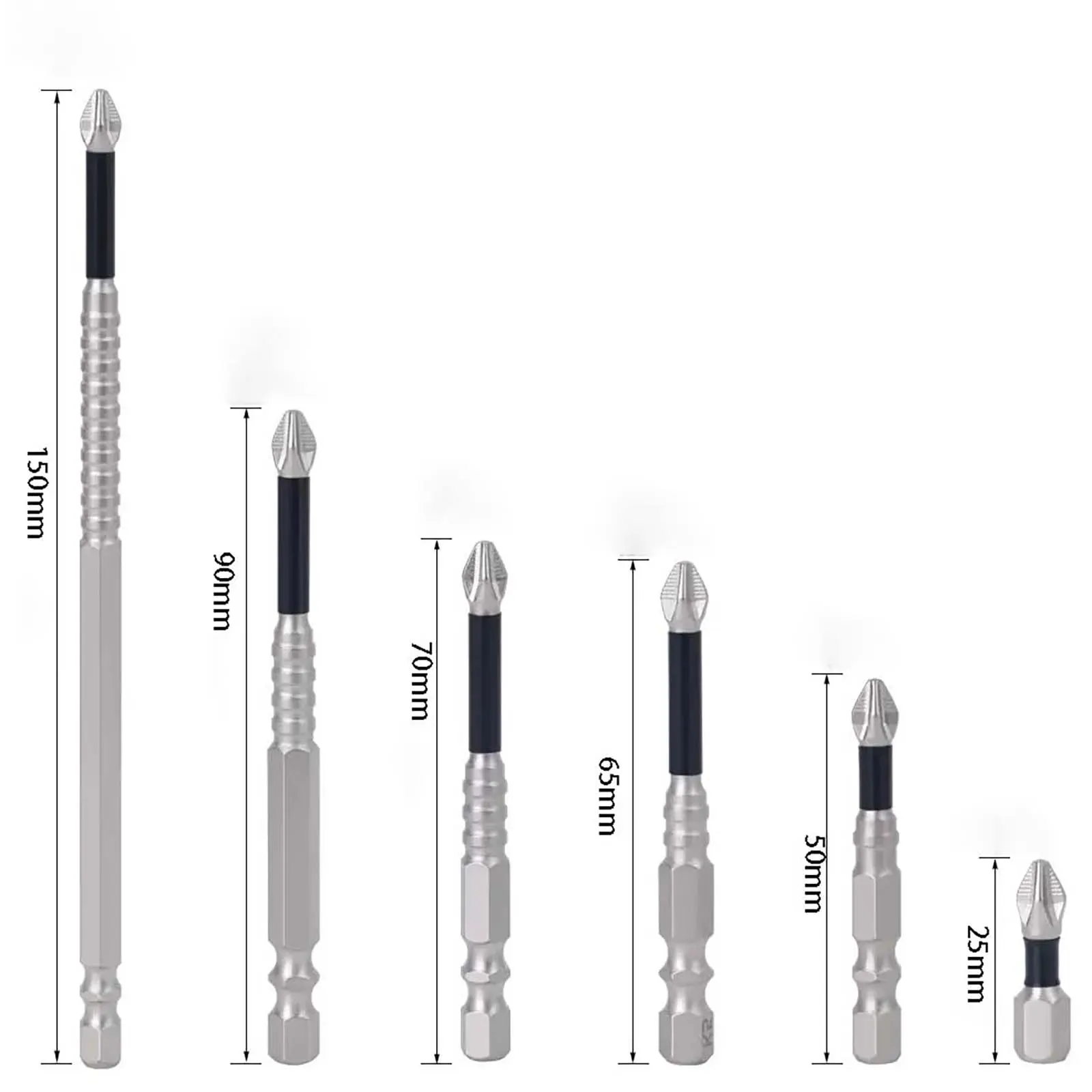 High Magnetic Screwdriver Drill Bit Set 6Pcs K5 Impact Resistant Non Slip Cross Bit Anti-Slip Magnetic Electric Screwdriver Set 25 50 65 70 90 150mm Length