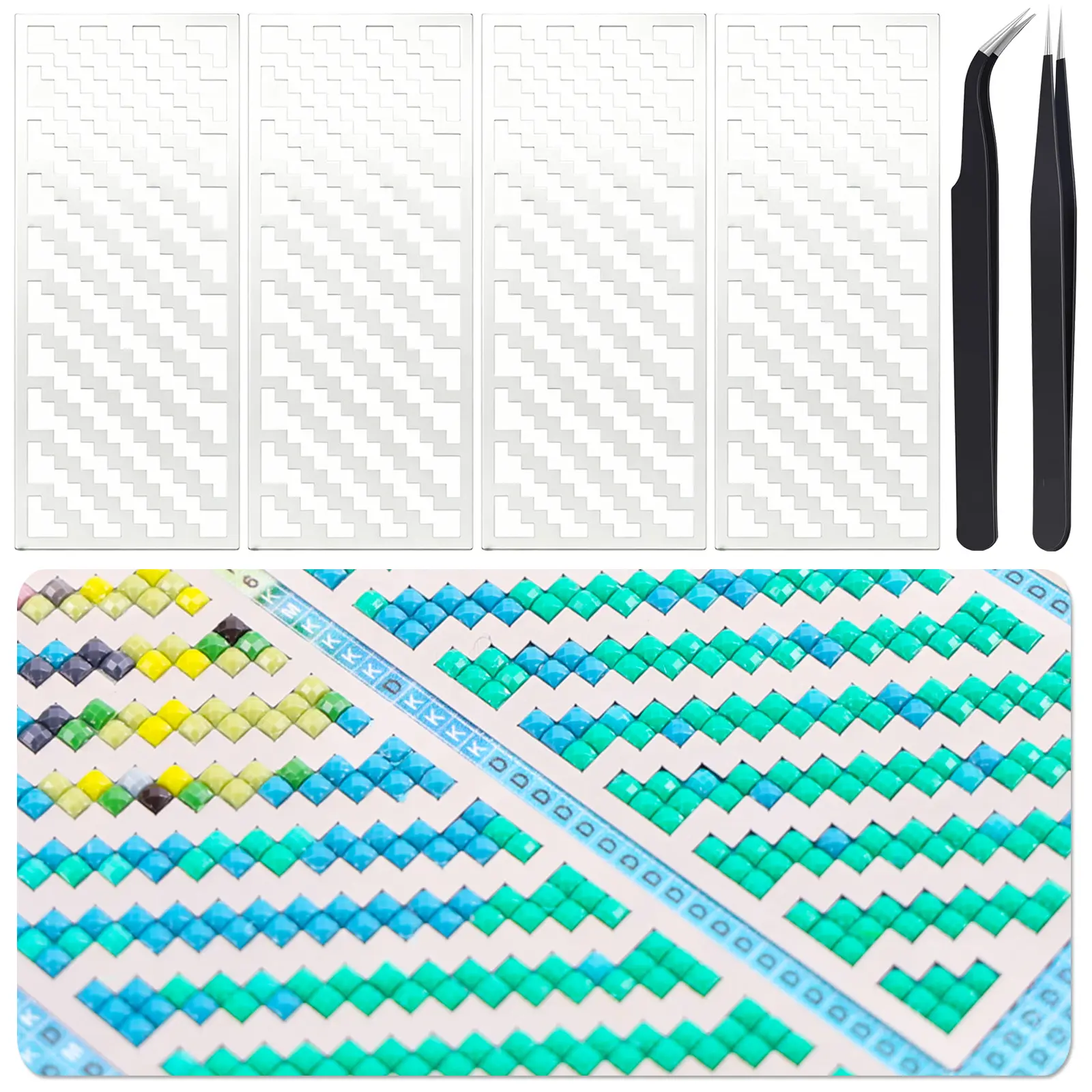 Diamond Art Tools Ruler, 4PCS Stainless Steel Diamond Painting Rulers and 2PCS Tweezers, Keeps 125mm Model Square Drill Canvas, Diamond Art Accessories Aligned Tool (Zigzag Ruler)
