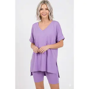 Zenana Lavender Oversized Microfiber V-neck Top & Shorts Set, Polyester, Spandex