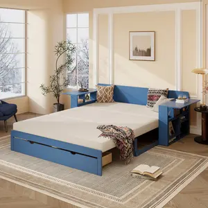 Extendable Daybed with Trundle and Drawers, Queen Size Platform Sofa Bed Frame with Removable Desk,  for Teens Adults/No Box Spring Needed